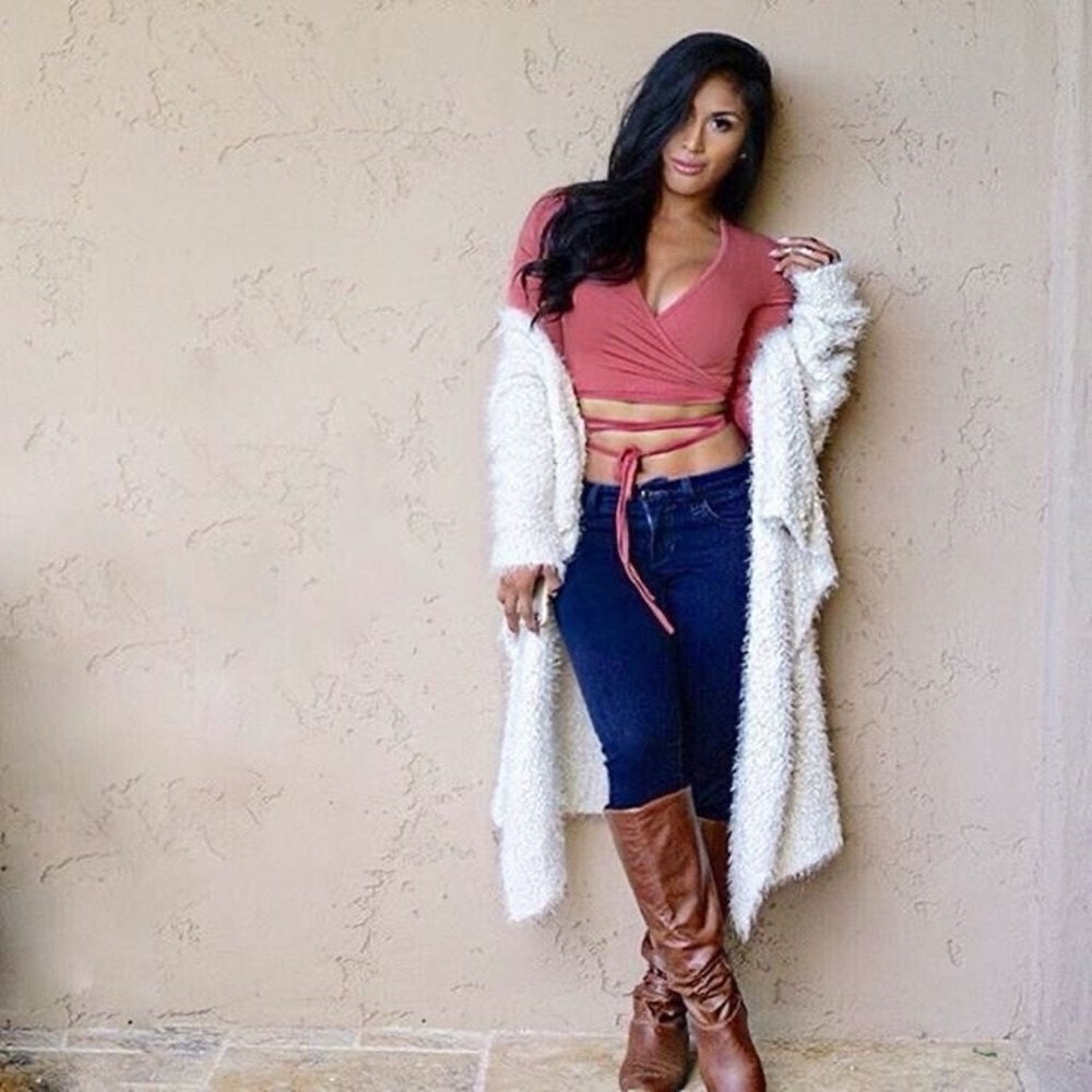 Tie Wrap Around Long Sleeve Crop Top - Large